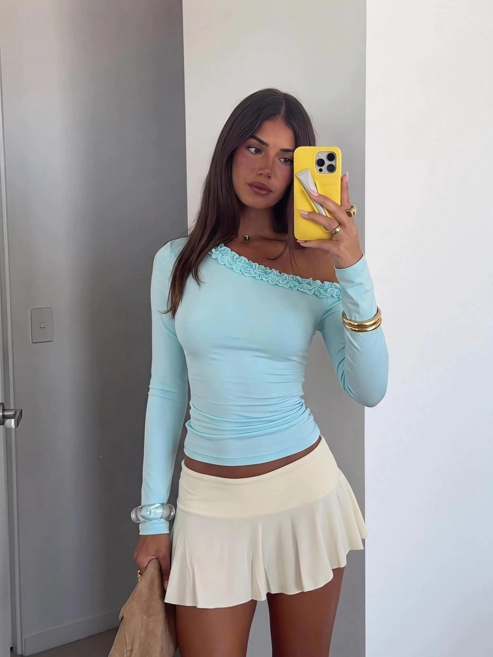 ZARA Ruffle One Shoulder Long Sleeve Slim Fit Crop Top